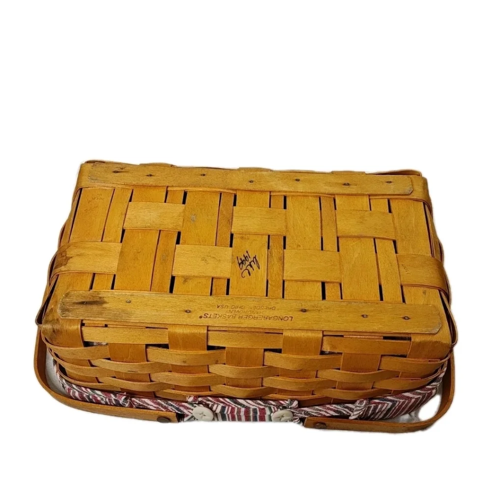 Vtg 90s Longaberger Med Gathering Basket Double Handle Nautical Striped Liner